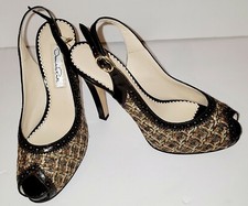 Oscar De La Renta Brown Tweed Open Toe Slingback Heels Size 37/ 6