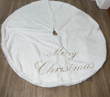 Christmas Tree Skirt 46  Snow White Plush Faux Fur Gold Sequin Merry Christmas