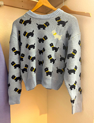 No Boundaries Stranger Things Women s Blue Dog Graphic Knit Pullover Sweater XS