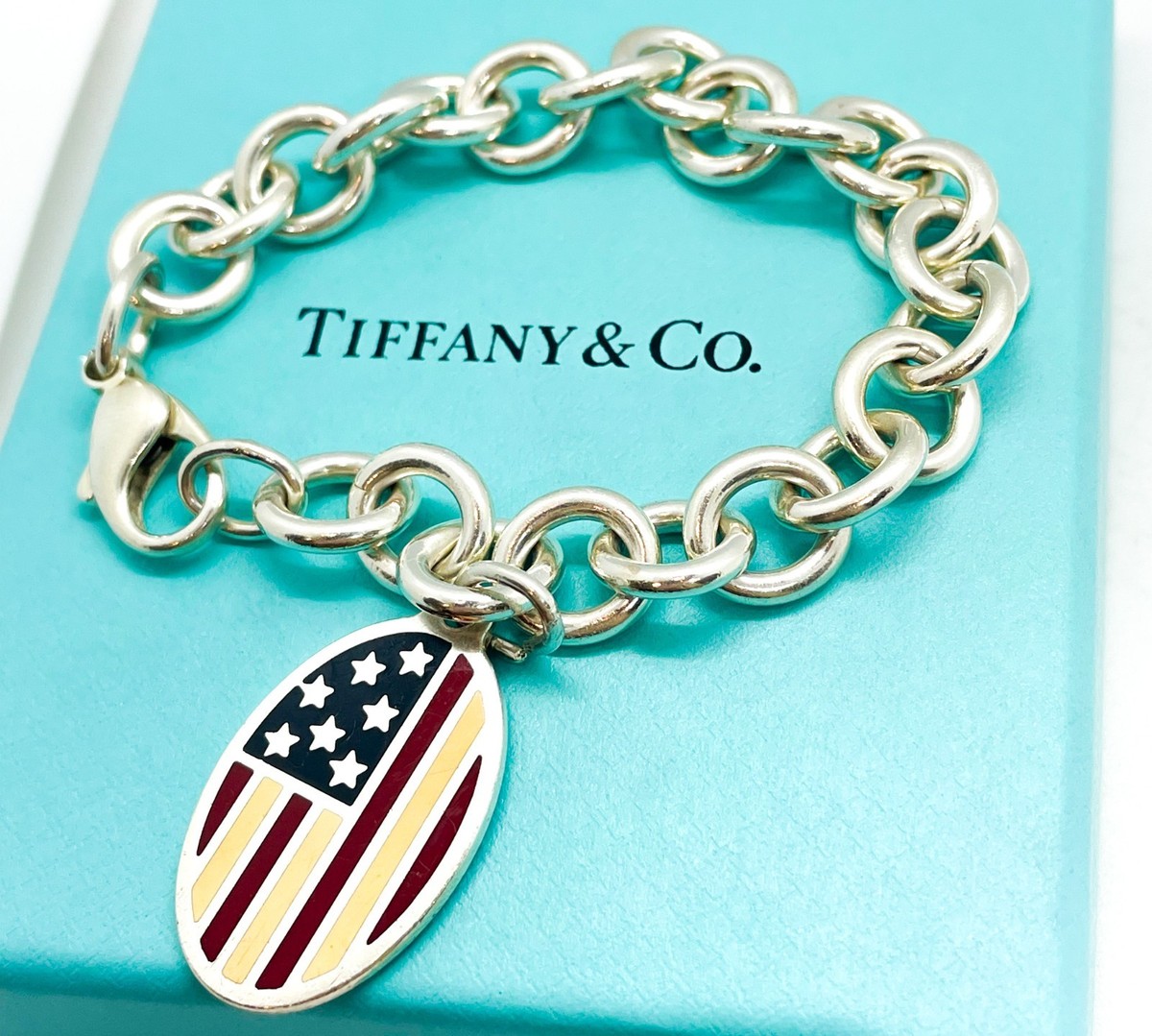 Tiffany & Co 2001 Silver Enamel American Flag Bracelet 6.5