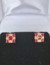 18ct Gold Natural Diamond And Ruby Studs Earrings Art Deco Style