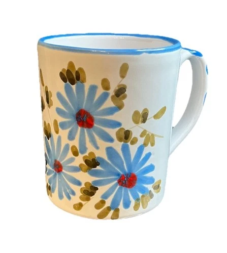 Vintage Handmade Hand Painted Italian Art Pottery Blue Flowers Coffee Mug 12oz