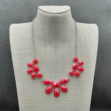 Charming Charlie Necklace Red Beaded Flower Bib Silver Tone Chain Adjustable 18"
