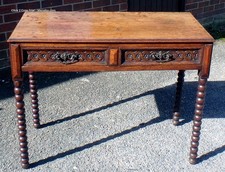 Victorian carved oak desk writing dressing table 2 drawers Jacobean style bobbin
