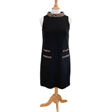 New Talbots Luxe Ponte Shift Dress in Black, Leopard Trim, Minimalist, Career, 6