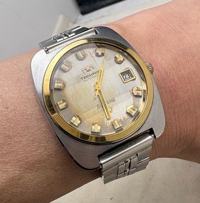 Technos Super Cron Watch 37x40mm 9 sided cut glass Vintage Japan Rare