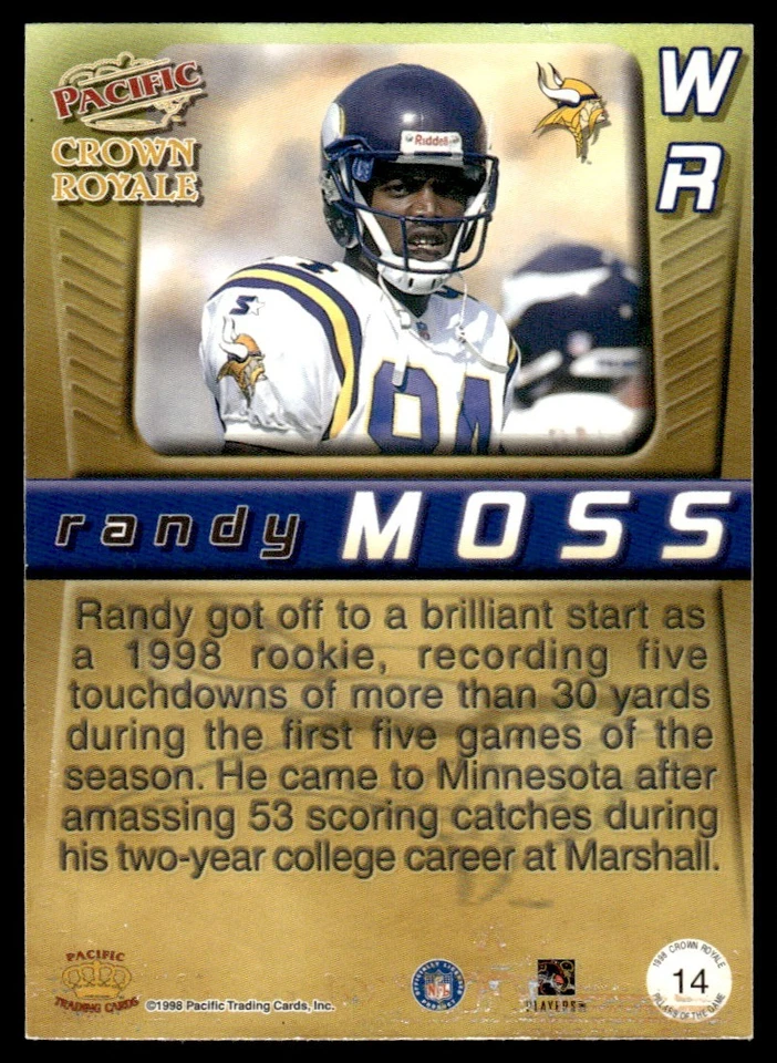 1998 Pacific Pillars Of The Game Randy Moss Minnesota Vikings #14 - Image 2 of 2