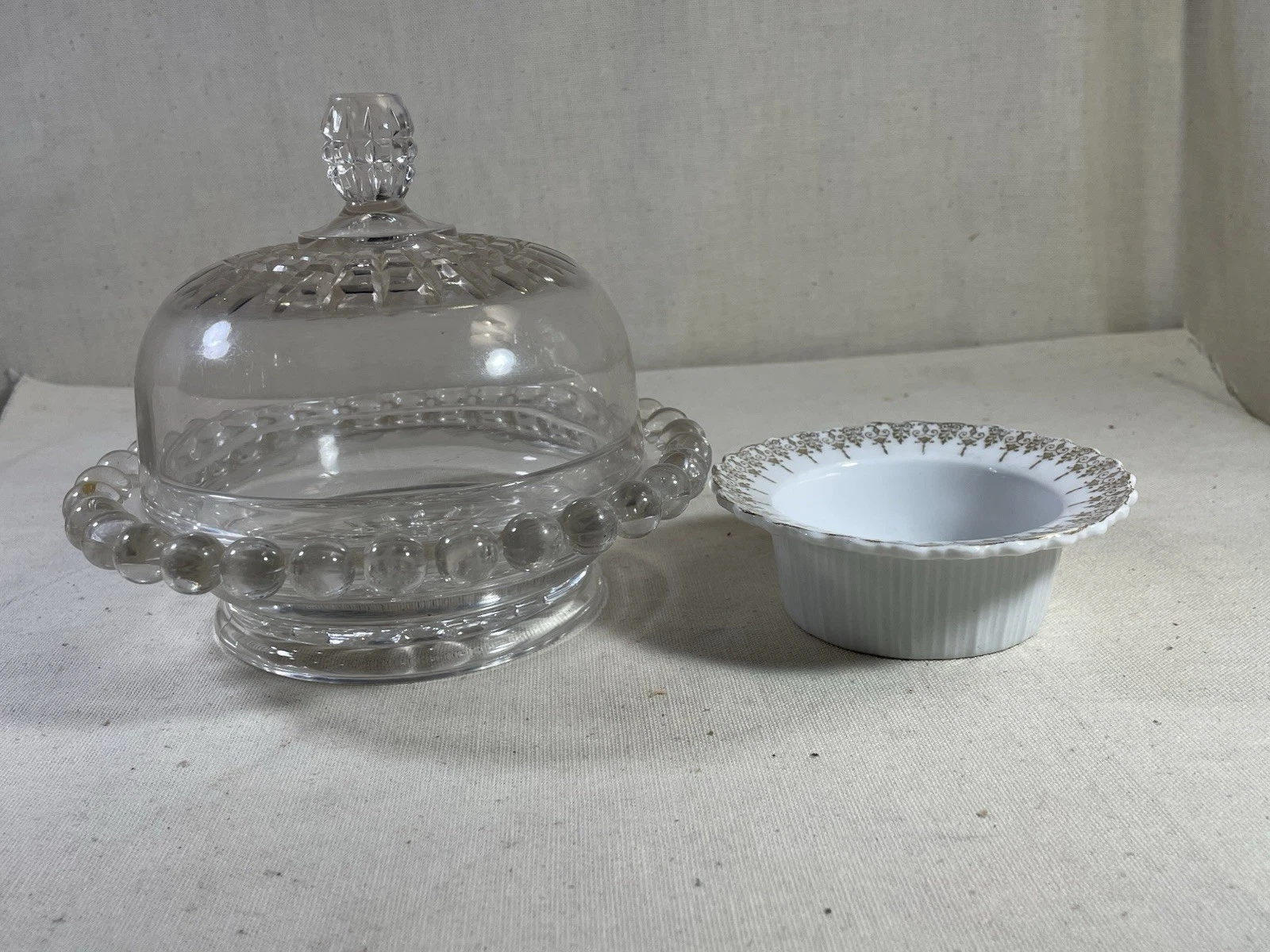 Vintage Clear Glass Butter/Cheese Dome with Dish + Porcelain Bowl – Read#005