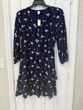 GAP Dress Womens M Navy Floral Fit & Flare Short 3/4 Sleeve V-Neck Lined