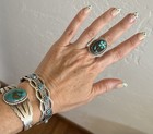 Large 1970s Vintage Native Turquoise Onyx Floral Zuni Sterling Silver Ring 6.5 — photo 8