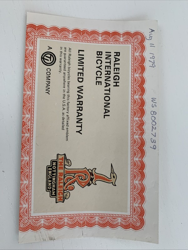 Vintage Raleigh International Bicycle Limited Warranty Card – 1979 – Original