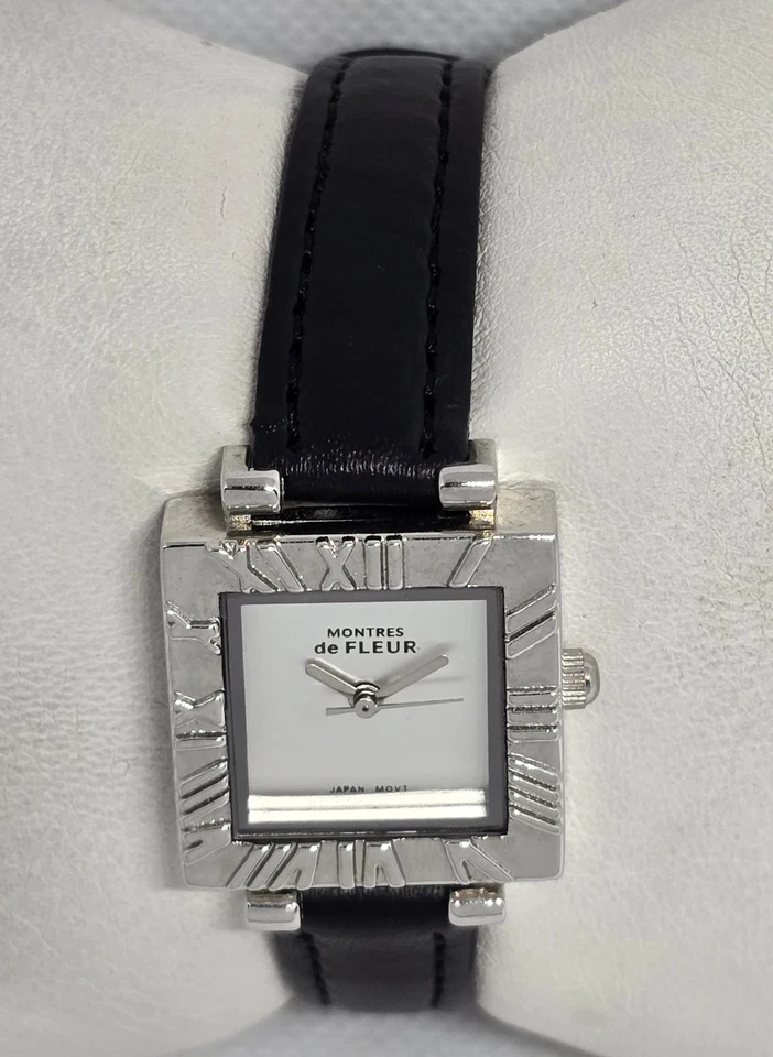 Reloj Mujer Montres de Fleur Trendy Cuadrado Tono Plateado Correa Cuero Negro 13 Foto 4 de 4