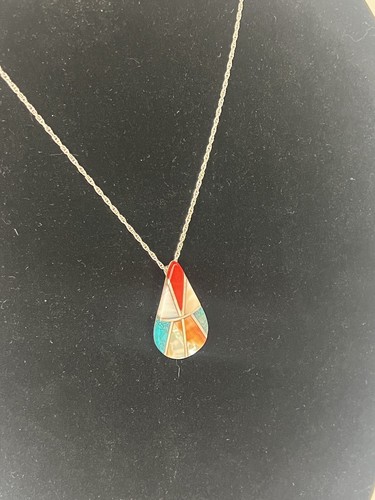 Sterling Silver & Multi Stone Pendant Necklace Beautiful Navajo Style Signed S.S - Picture 4 of 7