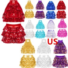 Girls Shiny Latin Dance Dress Metallic Crop Top with Skirt Dancing Costume