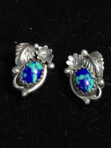 Navajo Native American Sterling Silver Azurite Earrings Studs