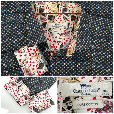 Claudio Lugli Mens Shirt Casino Playind Cards Print Graphic Black Size 3XL 47-48