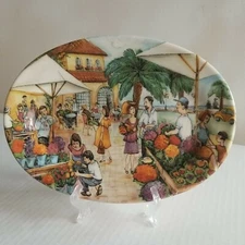 MEDITERENEAN MARKET SCENE Plate Dish Fruit- Flower  8"x 5½" Oval Italy