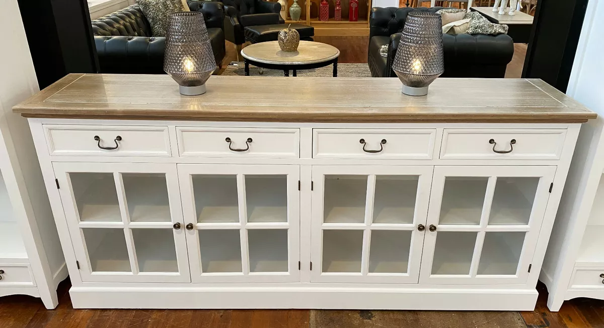 Ex Display Hamptons Buffet White with Doors Grey Wash Top 200cms Long