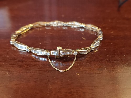 Wow 14K Yellow GOLD Real DIAMOND TENNIS BRACELET 7.25" Baguette & Round 11.7g