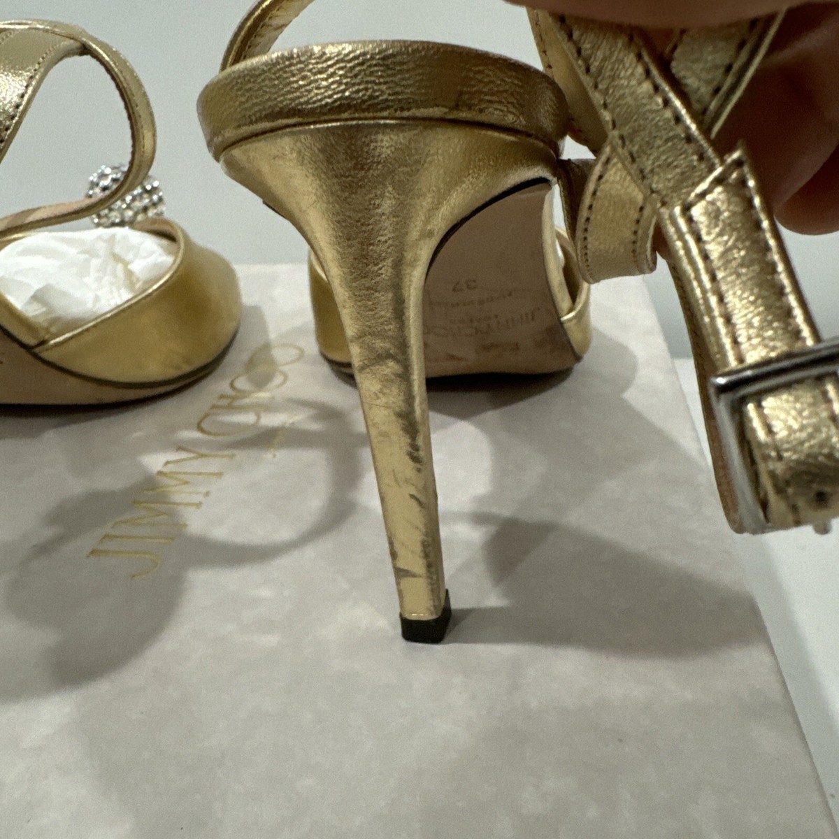 Jimmy Choo Sacora 85, Size 37 (7 US) Gold/Crystal Sandal Heels | eBay
