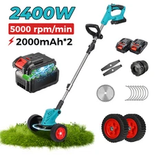 2400W 3-in-1 Grass Trimmer Cordless Weed Wacker String Trimmer+2 Battery+ Wheel