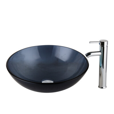 Clear Black Bathroom Sinks Round Glass Vessel Sink Basin Bowl Combo Faucet Drain