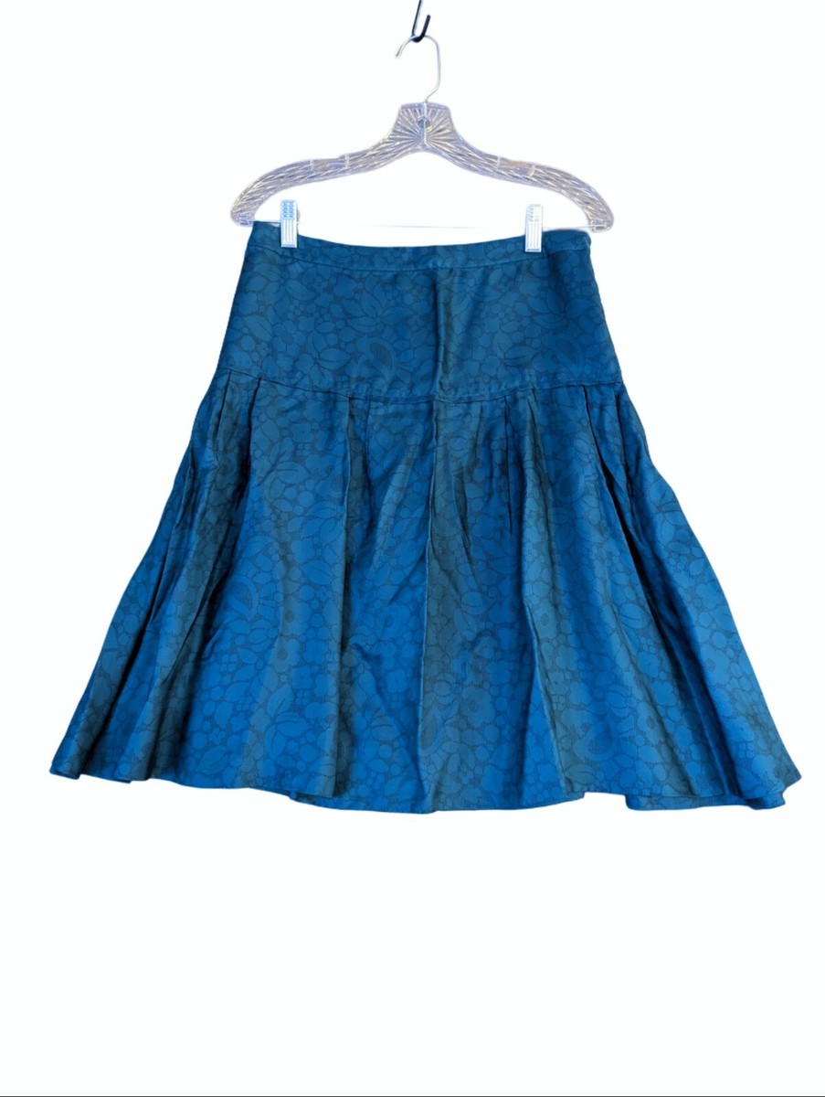 Marc Jacobs Beautiful Floral 100% Silk Teal Pleated Designer Skirt