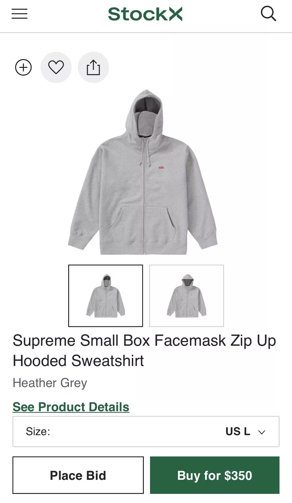 Supreme Facemask Petite Boîte Logo Zip Up GRIS AUTHENTIQUE