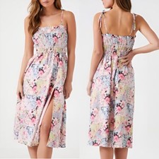 Forever 21 Womens Cottagecore Beach Linen Blend Tie Shoulder Floral Midi Dress S