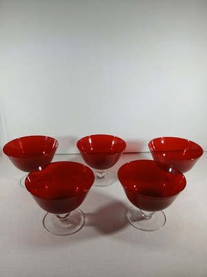 Vintage Ruby Red Glass Sherbet/Compote Champagne Coupes - Clear Stem Set Of 5 