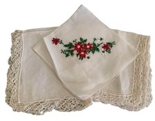 Vintage White Lace Embroidered Floral Handkerchiefs Set of 2 Delicate Details