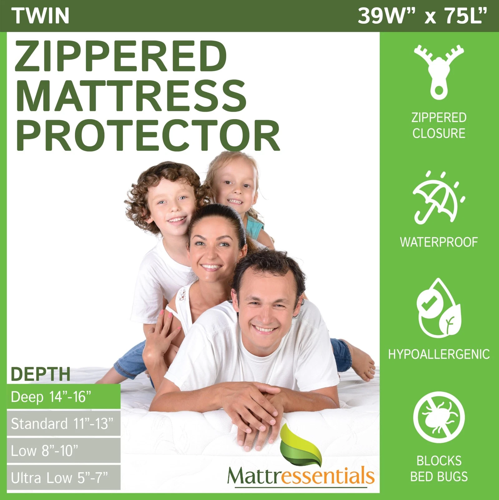 Zippered Twin Mattress Protector (14"-16" Depth) - Bed Bug Waterproof Mattres...