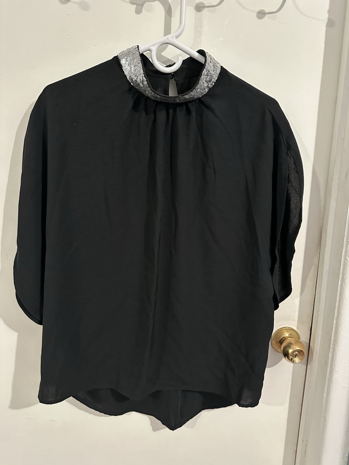 SHEIN Black Chiffon Sequin High Neck Short Sleeve Blouse Women's L Regular