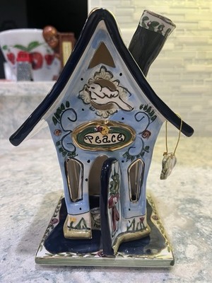 Blue Sky Heather Goldmine Peace Tea Light Cottage Christmas House w/ Base 2003