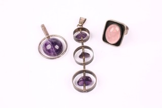 Georg Kremer Silver Pendant Amethyst Ring Pink Quartz 53 EU 24.92g x3