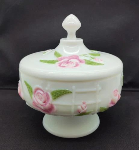 Vintage Westmoreland Milk Glass Rose And Lattice Candy Dish Hand Painted