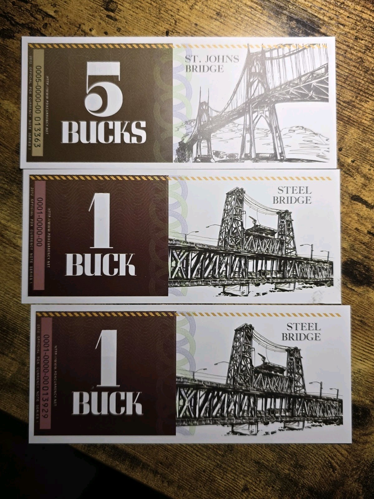 1 $5 Dollar And 2 $1 Bridge Town Bucks Portland Oregon PDX Local Currency Notes
