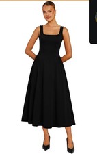 Black Cotton Solid Square Neck Sleeveless A-Line Midi Dress Women’s Size L