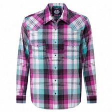 Prior Western Pearl Snap Shirt Plaid Pink Teal USA Made Mens L (16-34)