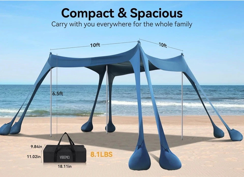 10x10 Pop Up Beach Tent Sun Shelter UPF50+, Ground Pegs and Stability Poles - Image 2 of 4