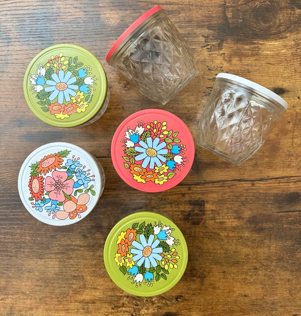 Vintage Lot of 6 Ball Quilted Crystal Jelly Jars Floral Lids Pink