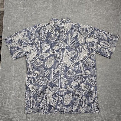 Reyn Spooner Shirt Mens Medium Blue Seashell Hawaiian Aloha Button Front Casual
