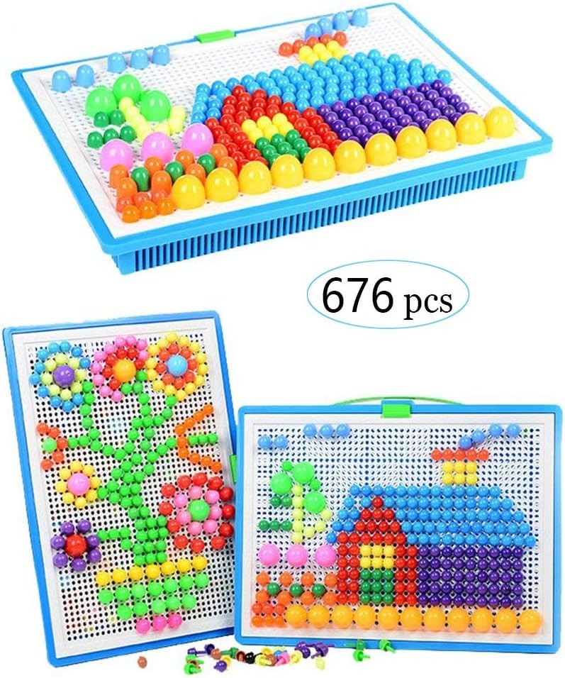 Jsvacva 676 pcs Mushroom Nails Pegboard Educational Colourful Jigsaw Puzzle Bui