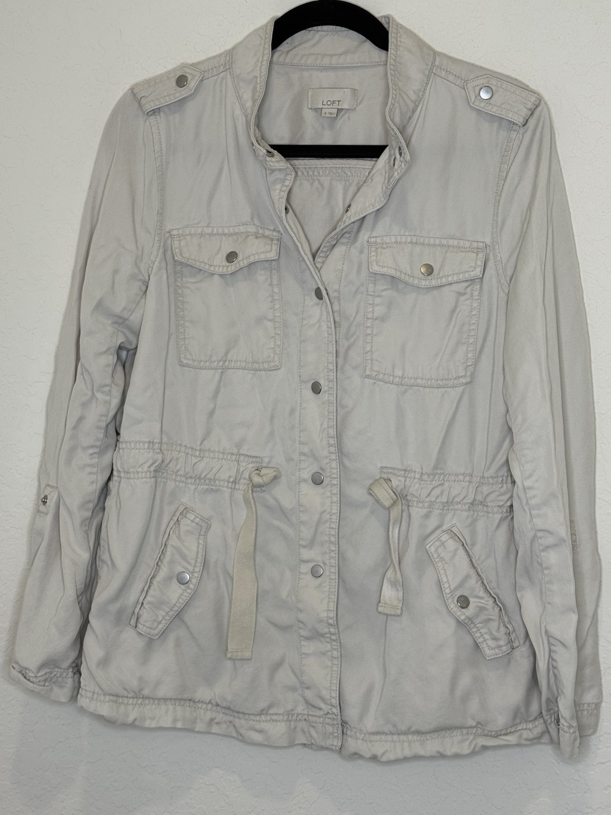 Loft Utility Jacket Beige Size Small Snap Button Drawstring Waist Super Soft EUC