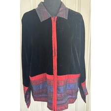 Coldwater Creek Women L Black Velvet Ribbon Zip Artsy Boho Eclectic Rich Jacket