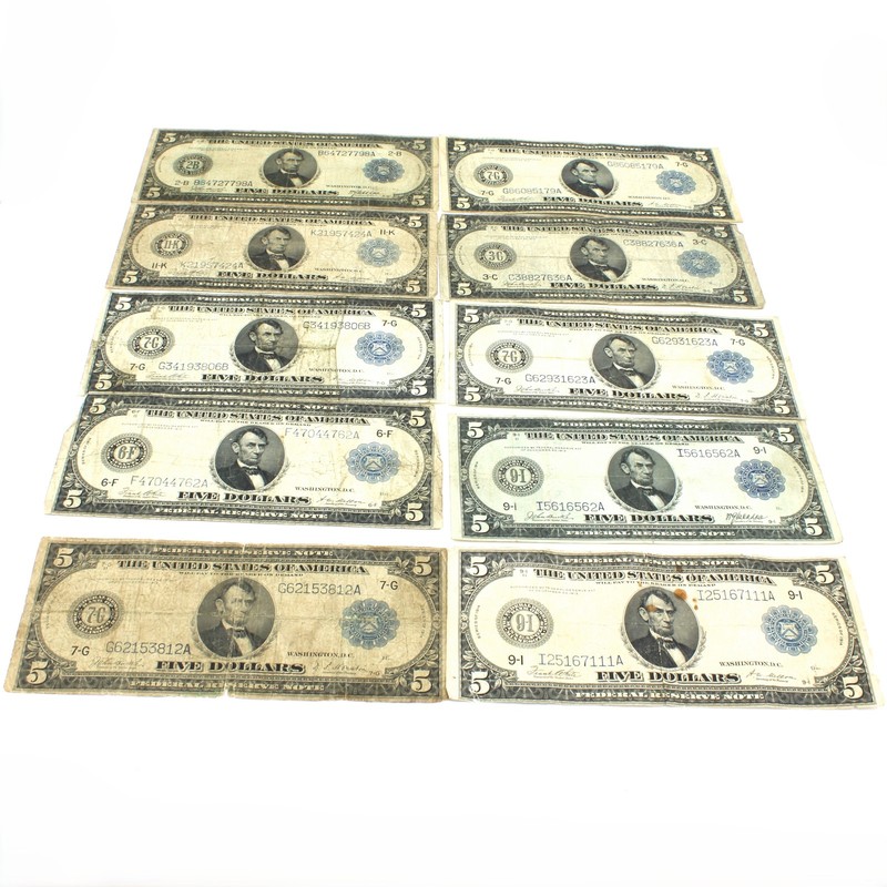 1914 Series $5 Federal Reserve Large Note No Reserve Lot of 10 #C923-2