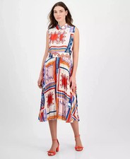 Tahari Women's Printed Pleated Midi Shirtdress Orange White Size 2 $138
