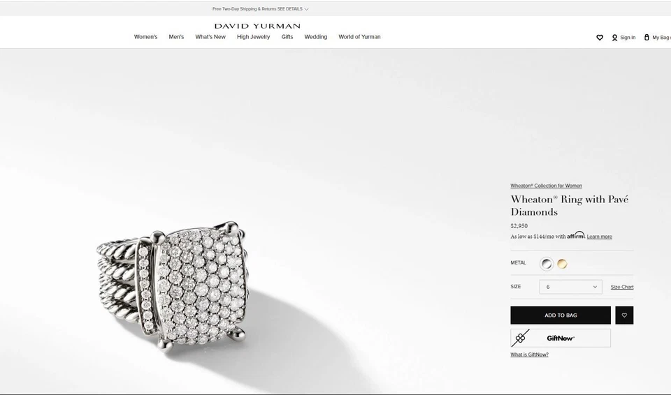 $2,950 David Yurman Sterling Silver Round Pave Diamond 16x12 Wheaton Ring 6 - Image 2 of 4