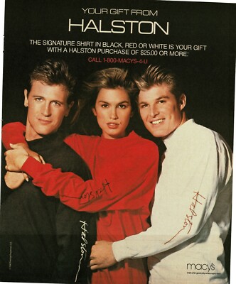 1990 HALSTON Perfume red black white shirt CINDY CRAWFORD model Vintage Print Ad