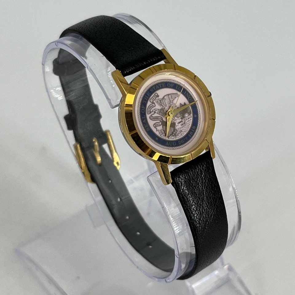 Женские часы SEAL OF THE STATE OF ILLINOIS 24 мм циферблат черная кожа НОВЫЙ АККУМУЛЯТОР - Изображение 3 из 4